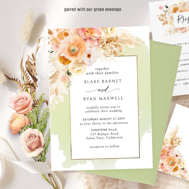 Chic Peach  Champagne Grönt Blommigt Bröllop Inbjudningar (Skapare uppladdad)