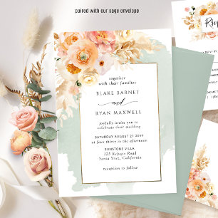 Chic Peach, , Champagne, Sage Blommigt Bröllop Inbjudningar