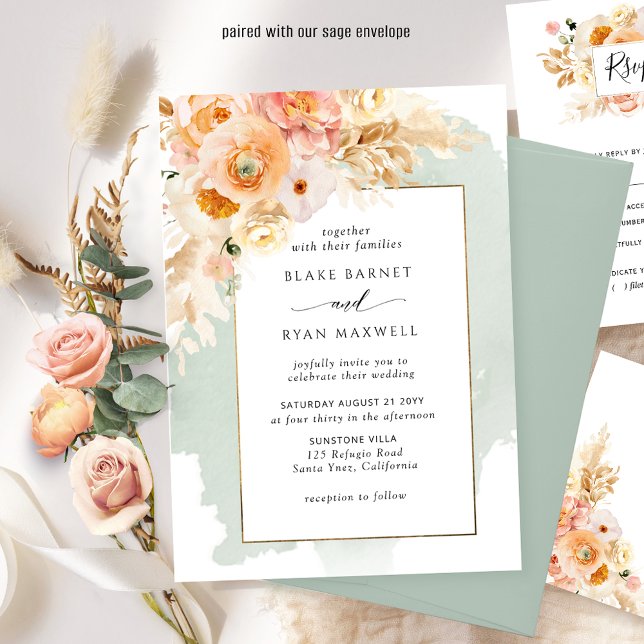 Chic Peach, , Champagne, Sage Blommigt Bröllop Inbjudningar (Skapare uppladdad)