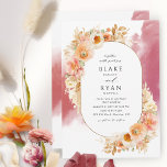 Chic Peach  Cream och Burgundy Oval Bröllop Inbjudningar<br><div class="desc">Det gläder gästerna med den här inbjudan från elegant bröllop som innehåller mycket vattentät blommigt inslag som omger dina bröllop-detaljer på ovala ram och delikat mjuk, burgudisk vattenfärgsfärg som överlappar bakom. Blommor, löv och pampasgräs i en vacker blandning av persikor, orange, rosa, dammig ro, kräm och champagnenyger. Förmåga att byta...</div>