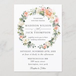 Chic Peach Ivory Vit Blommigt Utandning Bröllop Inbjudningar
