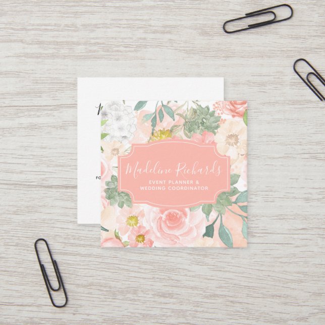Chic Peach Mint Succulations med Social Media Icon Fyrkantigt Visitkort (Fram/Back In Situ)