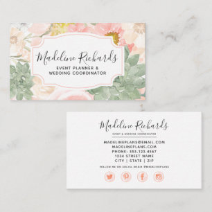 Chic Peach Mint Succulations med Social Media Icon Visitkort