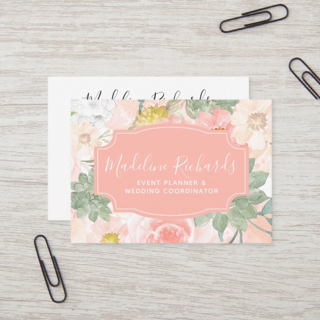 Chic Peach Mint Succulations med Social Media Icon Visitkort (Fram/Back In Situ)