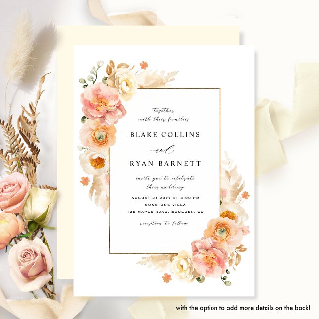 Chic Peach och Blek Gult Fintvätt Blommigt Bröllop Inbjudningar (Skapare uppladdad)