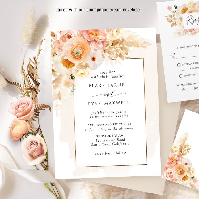 Chic Peach  och Champagne Blommigt Bröllop Inbjudningar (Skapare uppladdad)