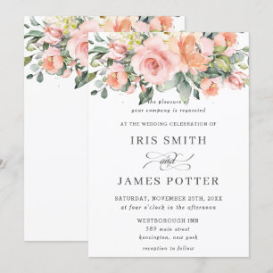 Chic Peach Orange Rosa Blommigt Greenery Bröllop Inbjudningar