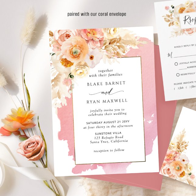 Chic Peach, Rosa Cream och Coral Blommigt Bröllop Inbjudningar (Skapare uppladdad)