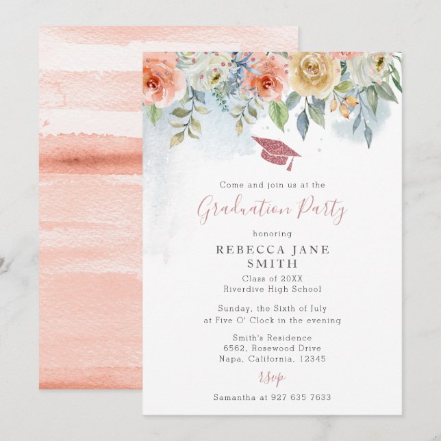 Chic Peach Rosa Flowers Ro Guld Hat Studenten Inbjudningar (Fram/baksida)