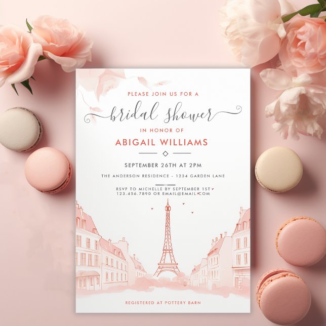 Chic Peach Rosa Photo Eiffel Torn Möhippa Inbjudningar (Front - Chic Peach Pink Photo Eiffel Tower Bridal Shower Invitation)