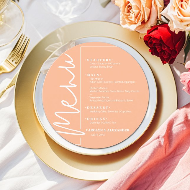 Chic Peach Rund Meny (Chic peach round menu with your choices in white lettering. )