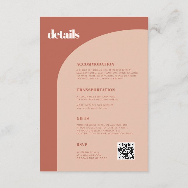 Chic peach terracotta arch bröllop QR-kod Tilläggskort (Framsida)