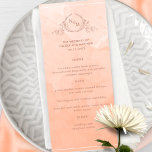 Chic Peach Watercolor, Monogram Bröllop Menu Meny<br><div class="desc">Önska dina gäster med den här vackra persikofärgade menyn bröllop, som har elegant hand plockade botaniskt monogram med par initialer över exquisite water color tvättar bakgrunden i en vacker blandning av persikor, kräm, korall och dammiga orangar. Det är enkelt att fylla i mallen med information och meny och beställ utskrifterna!...</div>