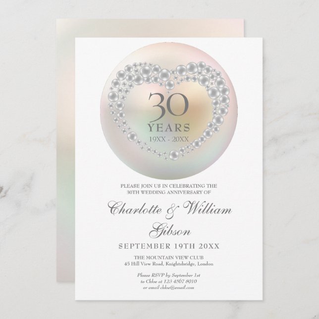 Chic Pearl Heart 30:e Bröllop-årsdagen Inbjudningar (Fram/baksida)