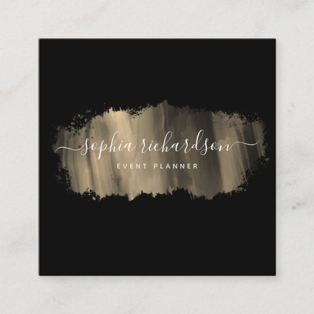 Chic Penseldrag | Faux Guld på Black Fyrkantigt Visitkort (Framsida)
