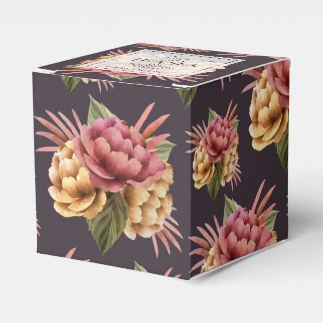 Chic Peony Flowers on Lila Brown Favor Box Presentaskar (Framsidan Sidan)