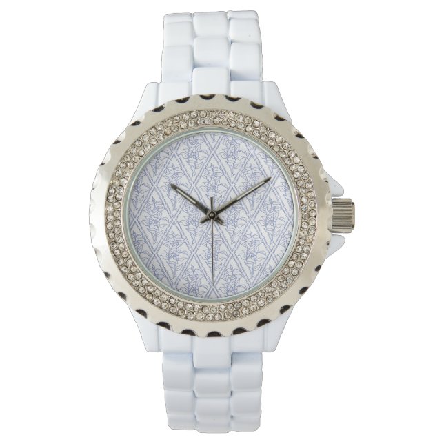 Chic Periwinkle Blue White Blommigt Diamond Mönste Armbandsur (Framsida)