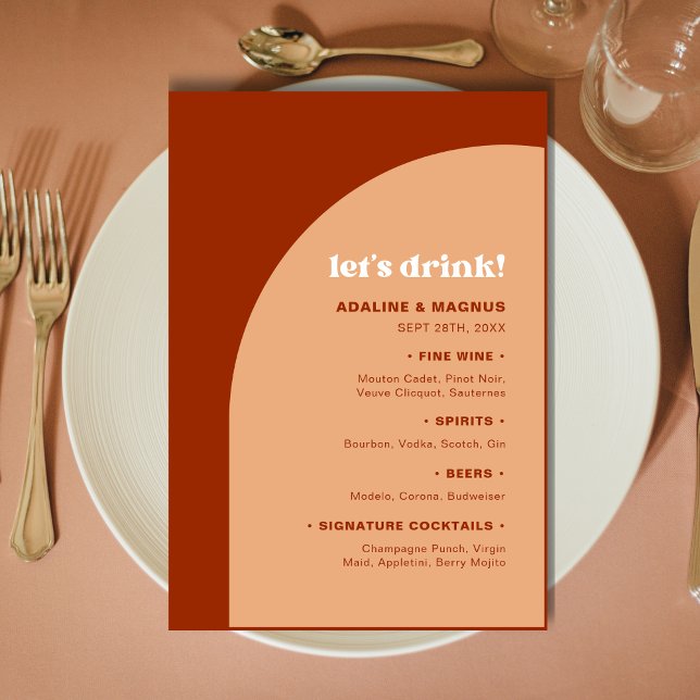 Chic Persika Terrakotta Båge Låt Oss Dricka Bröllo Meny (Chic peach terracotta arch wedding menu adds warm style while showcasing your drink selection.)