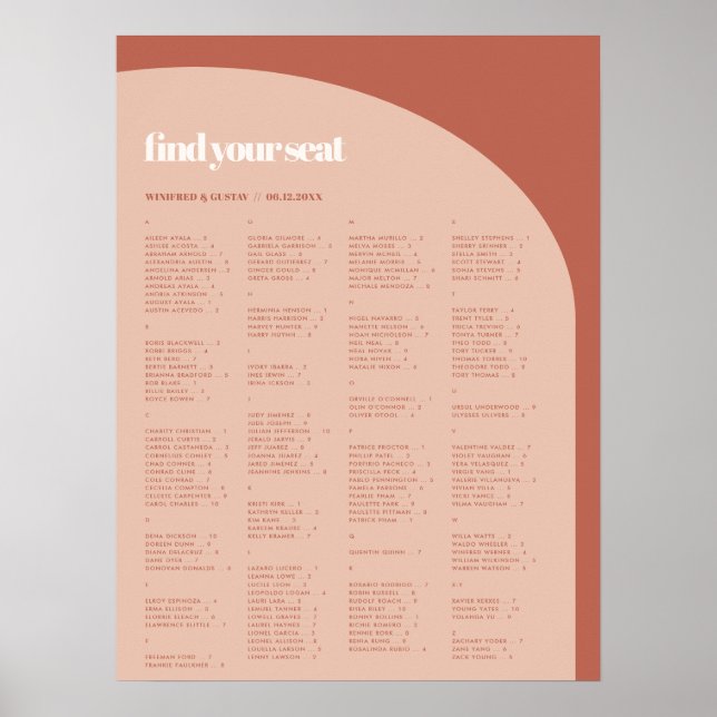 Chic persikoterracotta Alfabetiskt sittningsdiagra Poster (Framsidan)
