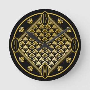 Chic Personlig Art Deco Fläkt Mönster Monogram Rund Klocka