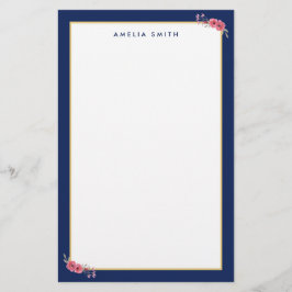Chic Personlig Namn Blå Gräns Rosa Flowers Brevpapper