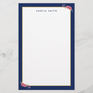 Chic Personlig Namn Blå Gräns Rosa Flowers Brevpapper