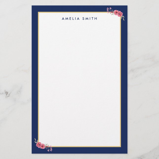 Chic Personlig Namn Blå Gräns Rosa Flowers Brevpapper (Framsida)