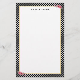 Chic Personlig Namn Black Rand Rosa Flowers Brevpapper