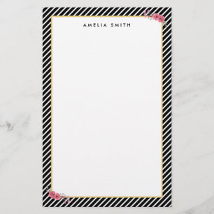 Chic Personlig Namn Black Rand Rosa Flowers Brevpapper