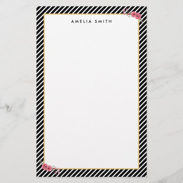 Chic Personlig Namn Black Rand Rosa Flowers Brevpapper (Framsida)
