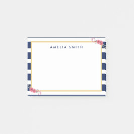 Chic Personlig Namn Blue Rand Rosa Flowers Post-it Block