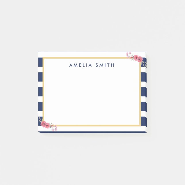 Chic Personlig Namn Blue Rand Rosa Flowers Post-it Block (Framsida)