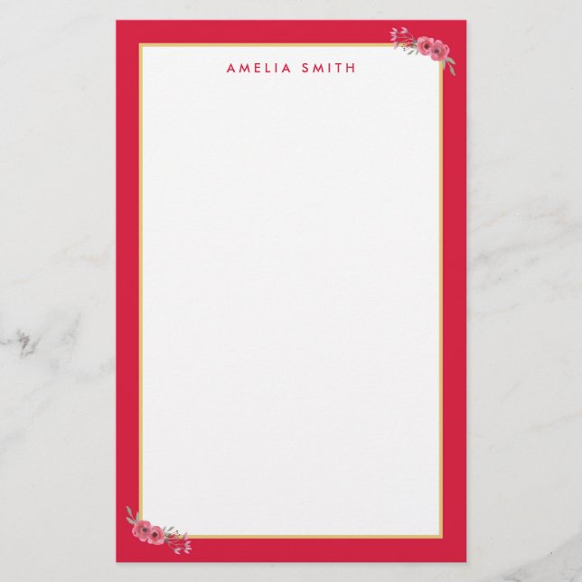 Chic Personlig Namn Rosa Gräns Rosa Flowers Brevpapper (Framsida)