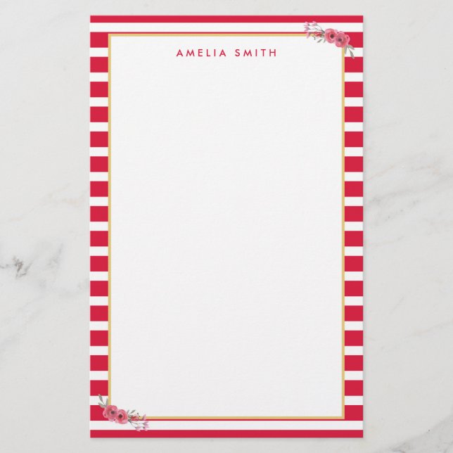 Chic Personlig Namn Rosa Rand Rosa Flowers Brevpapper (Framsida)