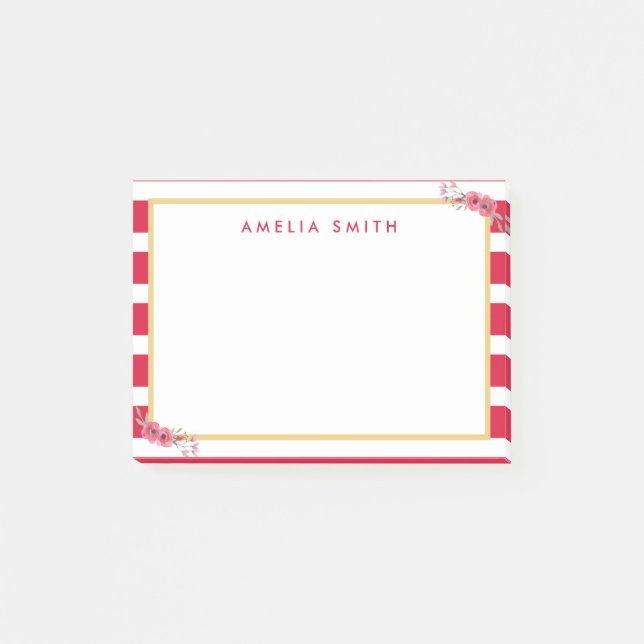 Chic Personlig Namn Rosa Rand Rosa Flowers Post-it Block (Framsida)