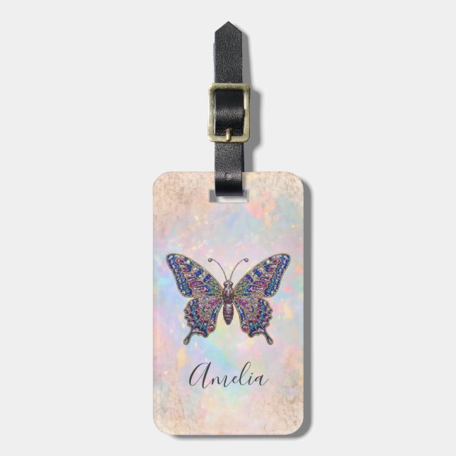 Chic Personlig Pastell Glitter Fjäril Bagagebricka (Vertikal Framsida)