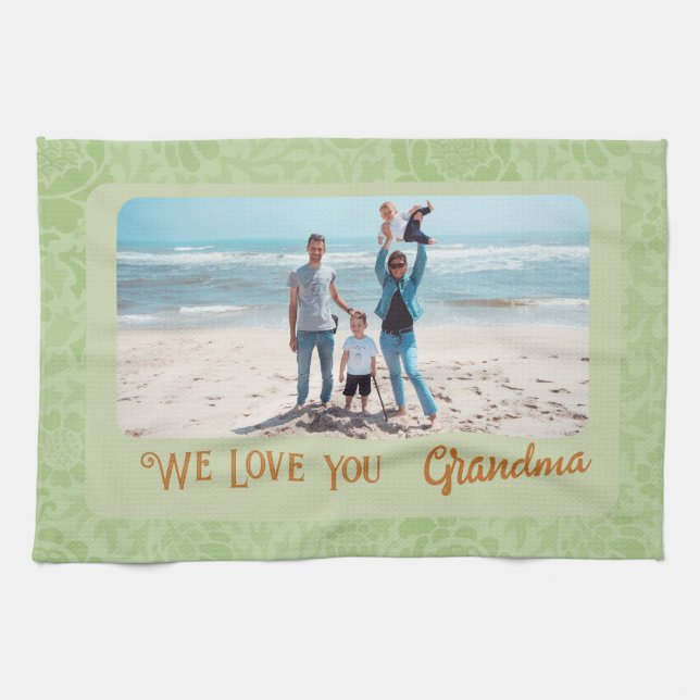 Chic Personlig Photo Text Grandma Gift-Grönt Kökshandduk (Horisontell)