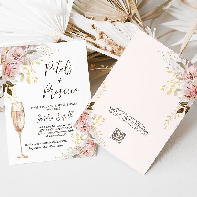 Chic  Petals Prosecco QR-Möhippa Inbjudningar (Chic blush and gold floral petal and prosecco bridal shower invitation with message and QR code.)