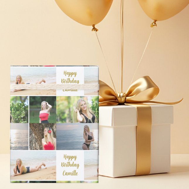 Chic Photo Collage Happy Birthday Gold Script Presentpapper (Skapare uppladdad)