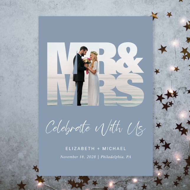 Chic Photo Dusty Blue Wedding Reception Inbjudningar (A chic wedding reception invitation to set the tone for an unforgettable event)