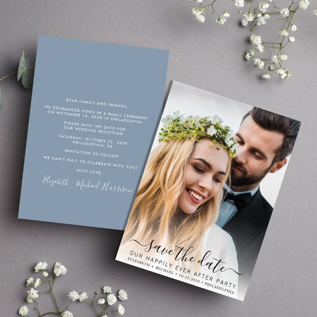 Chic Photo Dusty Blue Wedding Reception Spara Datumet (A stylish save the date announcement for a reception to celebrate your elopement or private wedding )