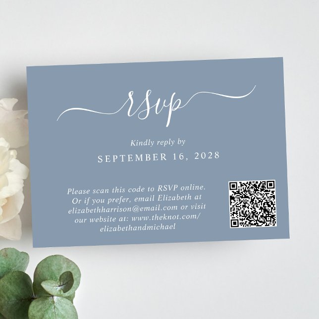Chic Photo QR-kod Dusty Blue Bröllop OSA Kort (Our user-friendly template will generate your QR code automatically from your website address)