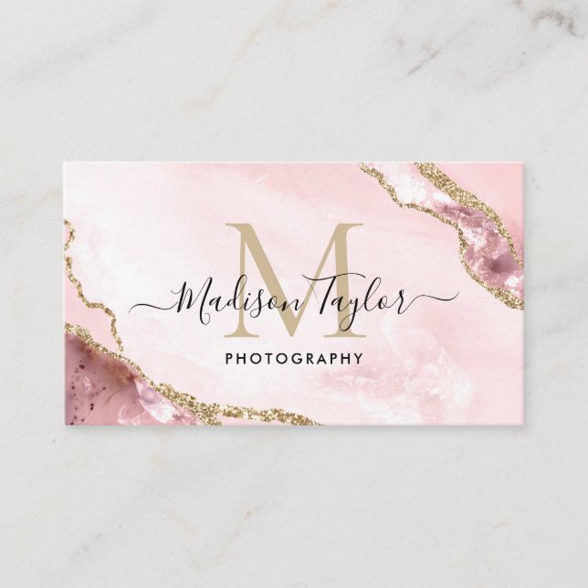 Chic Photography Rosa Guld Glitter Agate Monogram Visitkort (Framsida)