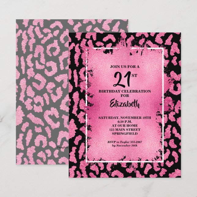 Chic Pink and Black Leopard Print Birthday Inbjudningar (Fram/baksida)