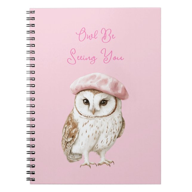 Chic Pink Beret Brown White Owl Be Seeing You Anteckningsbok (Framsidan)