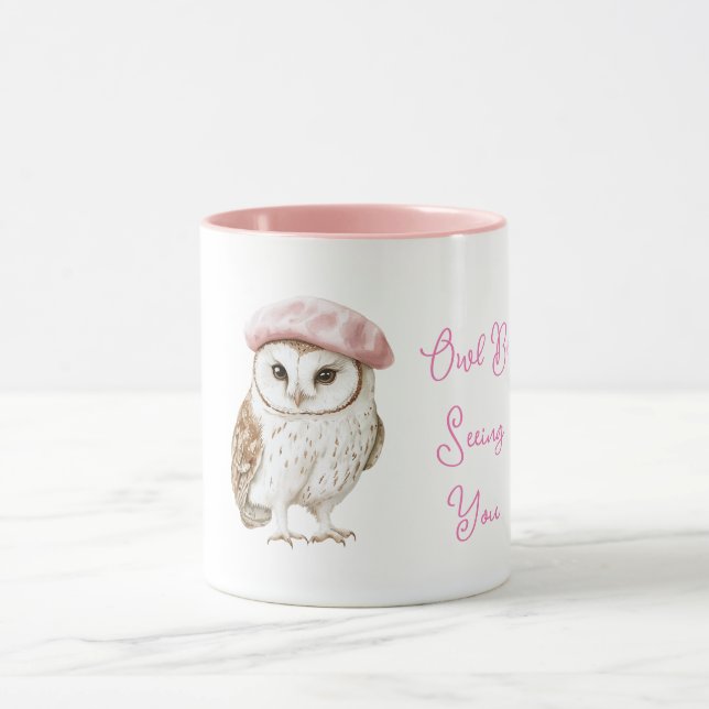 Chic Pink Beret Brown White Owl Be Seeing You Mugg (Center)