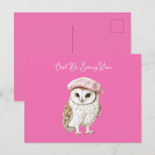 Chic Pink Beret Brown White Owl Be Seeing You Vykort (Fram/baksida)