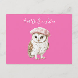 Chic Pink Beret Brown White Owl Be Seeing You Vykort