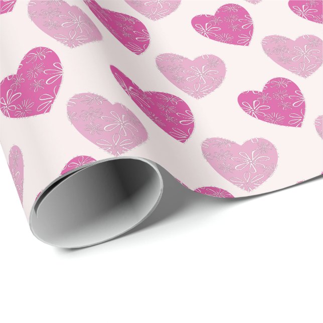 Chic Pink Blush Floral Doodle Patterned Hearts Presentpapper (Rullad Hörn)