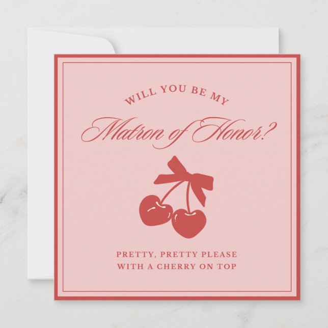 Chic Pink Bow Cherry Matron of Honor Proposal Card Inbjudningar (Framsida)
